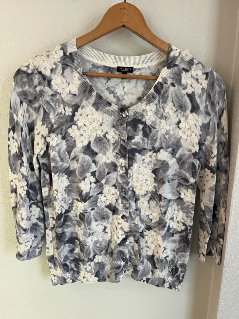 Talbots Silk-Blend 3D Floral Applique Embellished Cardigan Sweater
